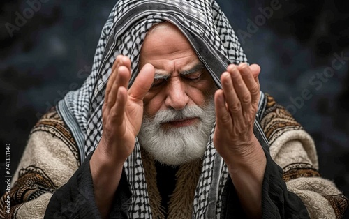 A man with a white beard is wearing a black and white headdress photo