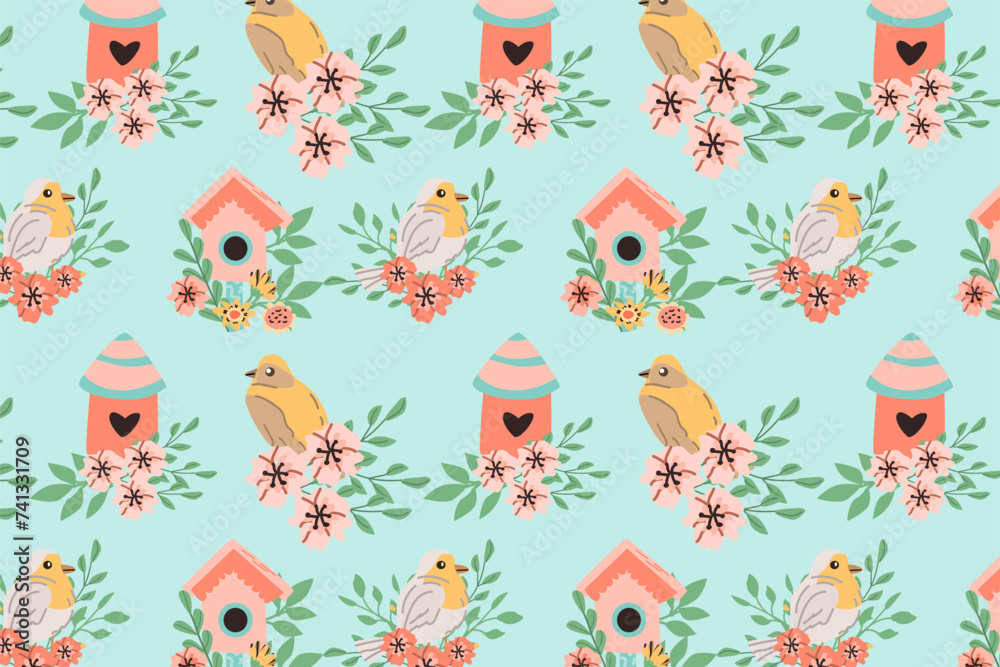Hand drawn spring bird robin and birdhouse pattern with floral elements on blue background. Vector illustration isolated. Can used for wrapping paper, textile, clothes. greeting card, wallpapers. Hand drawn spring bird robin and birdhouse pattern with floral elements on blue background. Vector illustration isolated. Can used for wrapping paper, textile, clothes. greeting card, wallpapers.