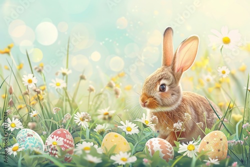  An Adorable Bunny with Pink Ears Holding Easter Eggs Among Blooming Tulips in a Lush Garden, Generative AI © Ben