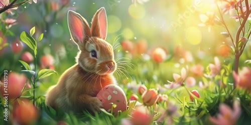  An Adorable Bunny with Pink Ears Holding Easter Eggs Among Blooming Tulips in a Lush Garden, Generative AI