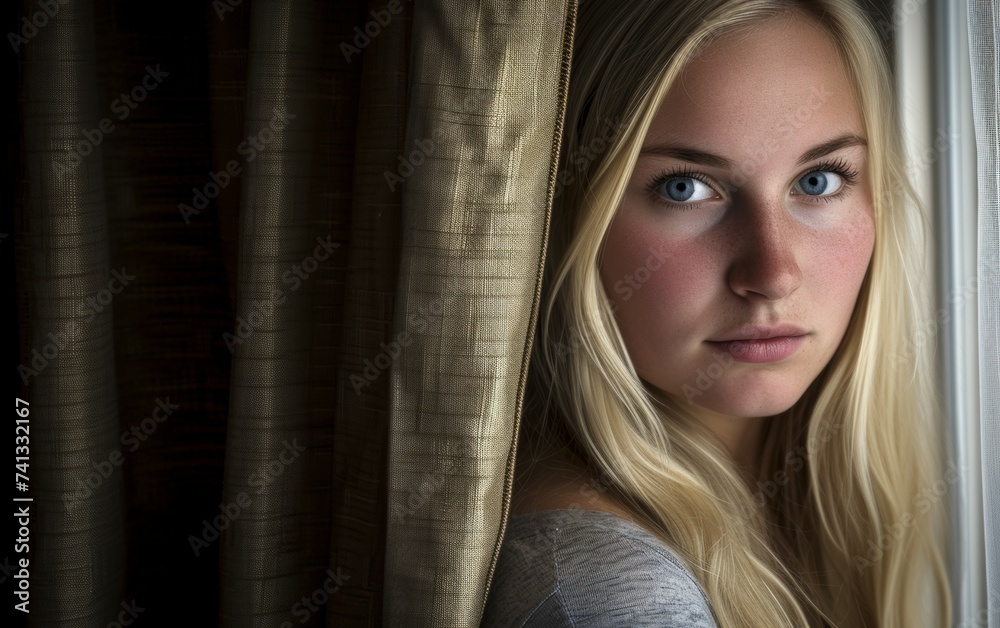 A young blond woman with a striking appearance gazes out of a window, her expression thoughtful and contemplative A young blond woman with a striking appearance gazes out of a window, her expression thoughtful and contemplative