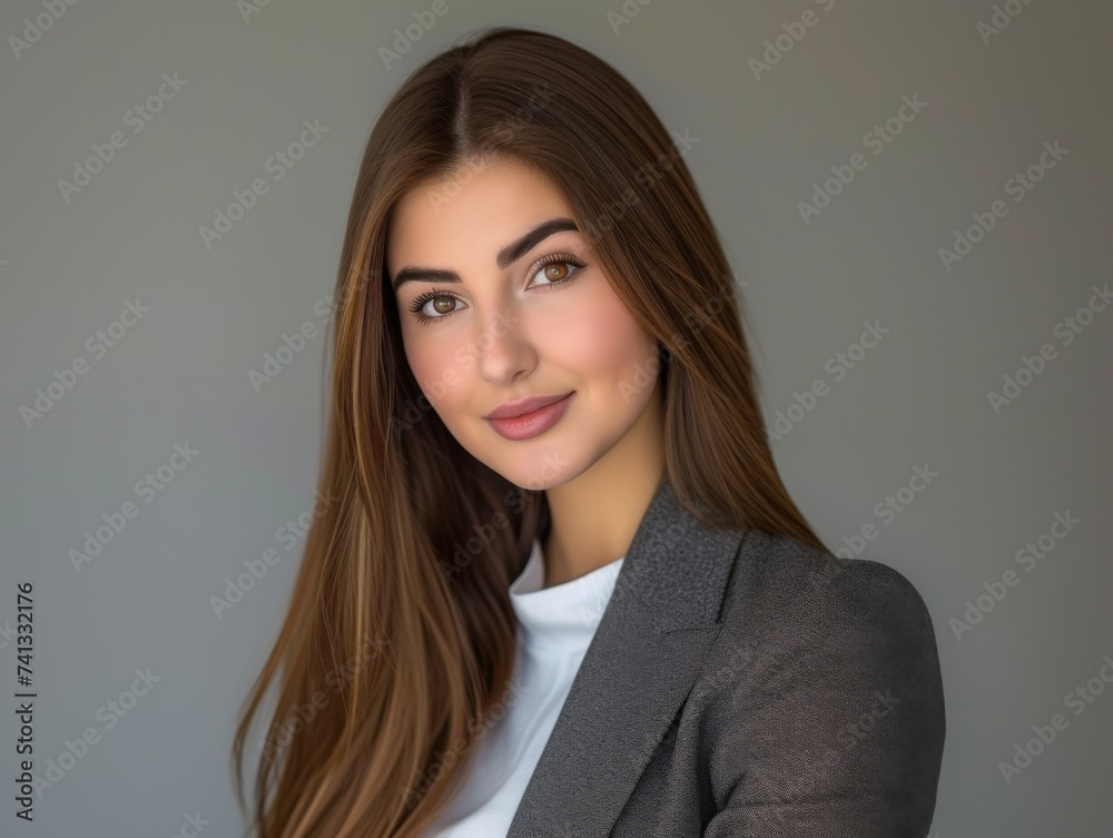 A multiracial woman with long hair wearing a gray blazer A multiracial woman with long hair wearing a gray blazer