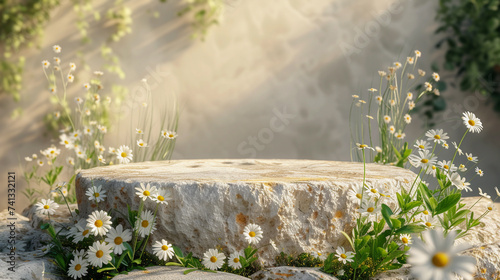 Empty round product podium display, small buttercup flowers against stone wall for cosmetic products
