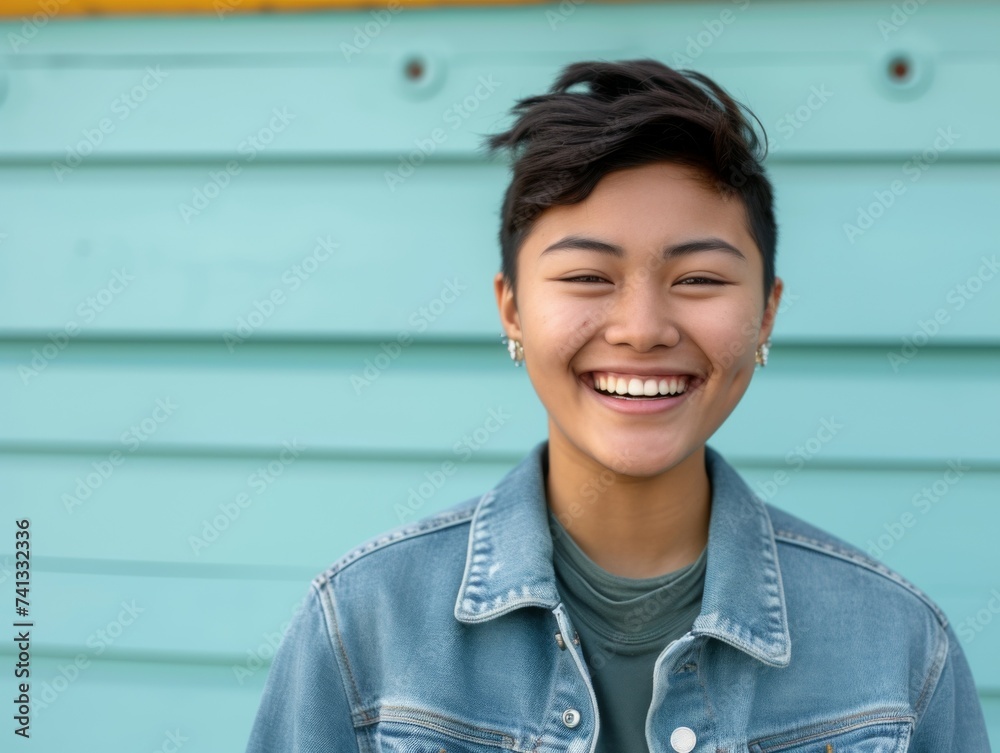 A young multiracial woman smiling while wearing a jean jacket