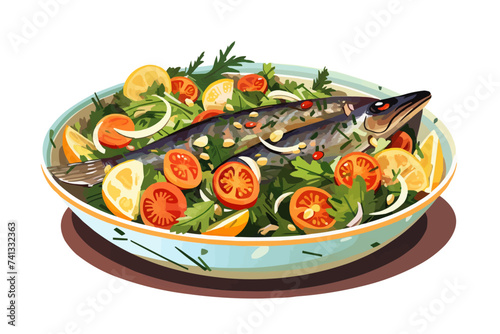 Herring and vegetables summer salad vector flat isolated illustration