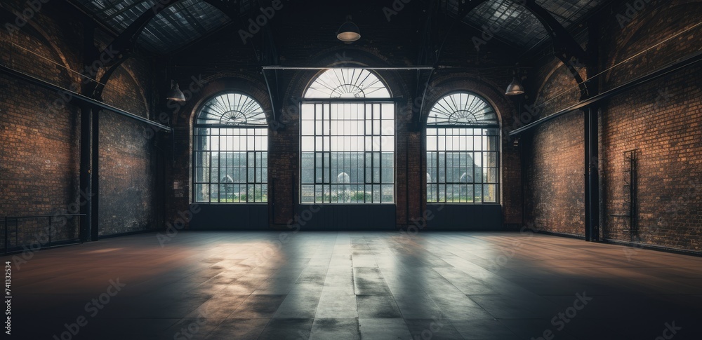 Fototapeta premium An old factory building with large windows and sunrays illustration