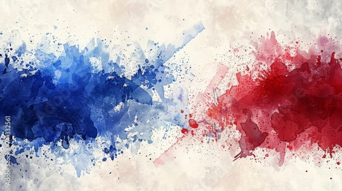 Watercolor abstract splashes background in France flag colors. Template for national holidays or celebration background.  photo