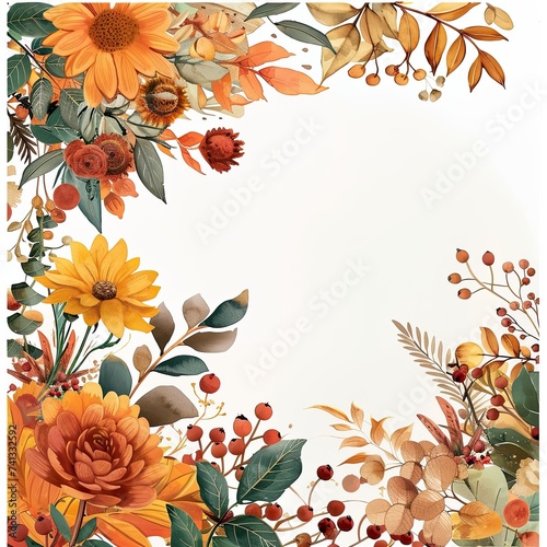  Illustration of Autumn flower Frame on white background