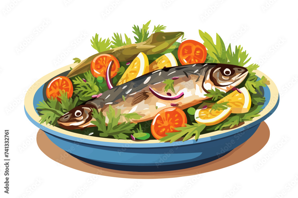 Herring and vegetables summer salad vector flat isolated illustration Herring and vegetables summer salad vector flat isolated illustration