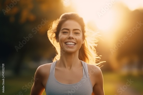 Portrait of a happy young woman in sportswear at sunset