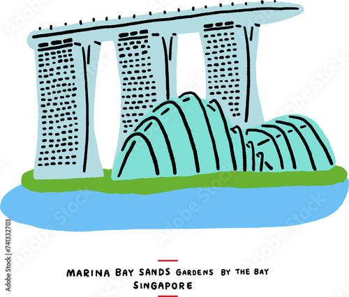 Marina Bay Sands Singapore cityscape Landmark destination Hand drawn Colour Illustration