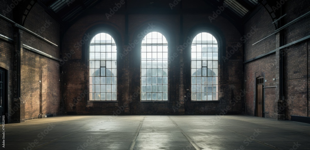 An old factory building with large windows and sunrays illustration - obrazy, fototapety, plakaty 