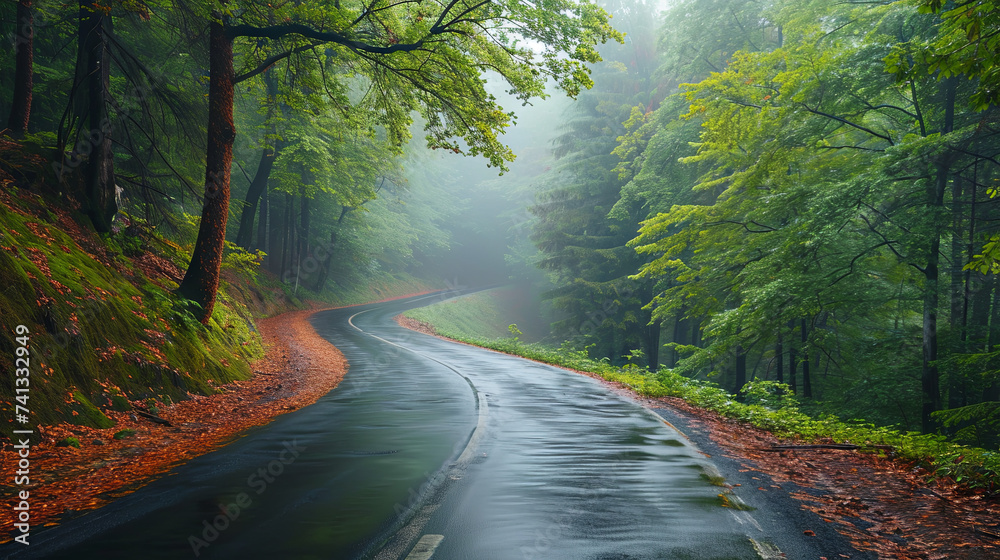 Obraz premium Road to the mountains in the rain, travel concept 
