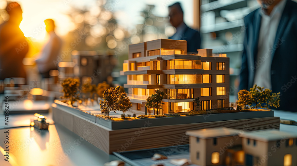 Gatherings of real estate brokers and company presidents centered on selecting a design for building a residential development, enhanced with the visual allure of sun glow and bokeh blur effects.