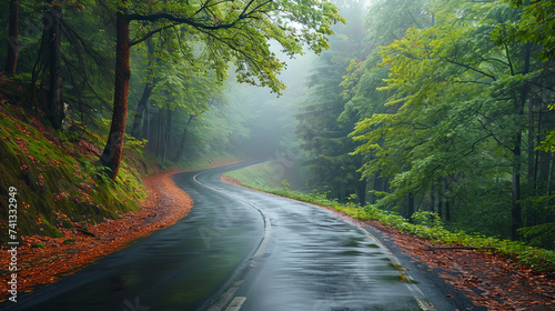 Road to the mountains in the rain, travel concept 