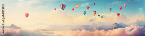 panorama of multicolored balloons in the sky above the clouds, long narrow panoramic view, background, space, freedom and happiness