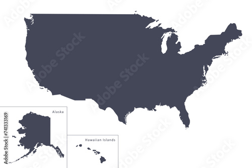 USA map black silhouette isolated on white. Hand drawn contour, blank country border. Vector clipart for banner background design, geographic, travel, events in United States illustration.