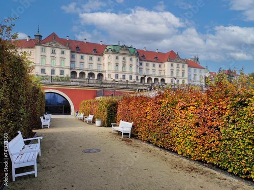 Warsaw, Poland  October 2, 2023: Royal Castle in Warsaw. View of the garden and Arcades of Kubicky. Poland photo