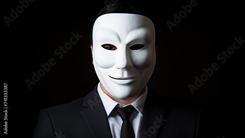 a businessman in a white mask hiding his face