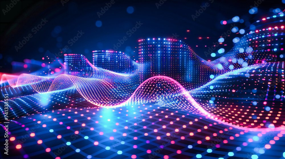 Virtual Wave and Digital Flow, Abstract Technology and Futuristic Design, Bright Blue Background Virtual Wave and Digital Flow, Abstract Technology and Futuristic Design, Bright Blue Background