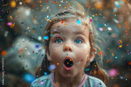 little girl surprised to win with confetti around