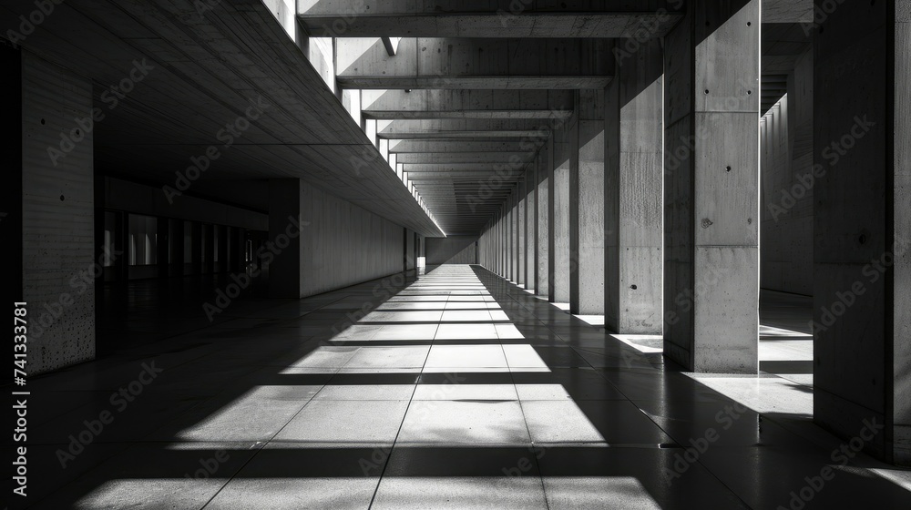 Black and white image of a modern corridor with a vanishing point perspective, showcasing light and shadow play Black and white image of a modern corridor with a vanishing point perspective, showcasing light and shadow play