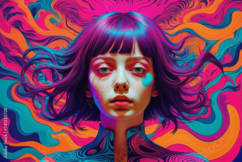 A girl against a background of surreal design using acid colors, psychedelic culture, will reflect overload with thoughts and digital technologies