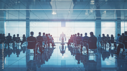 Futuristic Business Meeting Highlighting Humanoid Robot Collaboration in a Modern Office Setting  Natural Light Illuminating the Conference  Participants Witnessing a New Era of AI Innovation.