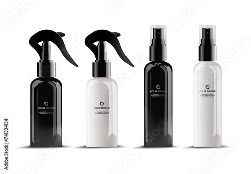 Simple Blank Black and White Plastic Cosmetic Bottles with Dispenser Set. Vector illustration