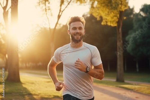 Portrait of a smiling young man running in the park at sunset © Nerea