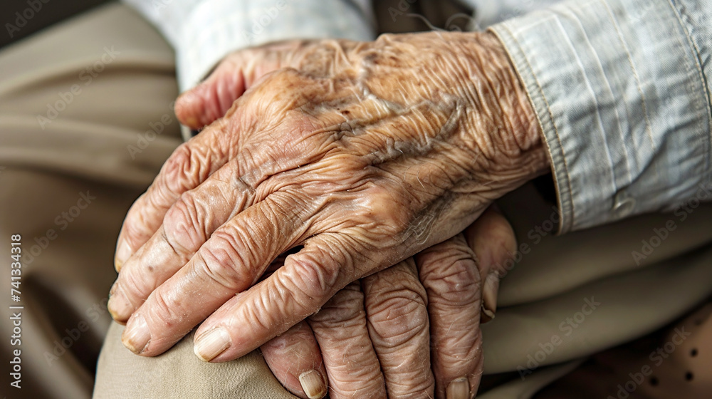 Fototapeta premium Close-up of elderly people's hands with sore joints, tremors, Parkinson's disease, symbolizing experience , work experience