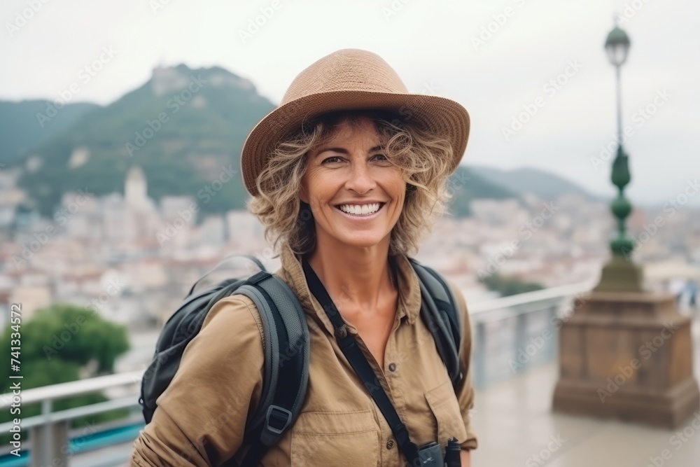 Portrait of a happy woman with hat and backpack looking at camera