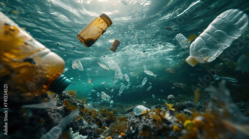 Garbage pollutes the water. Unhealthy waste disposal. photo