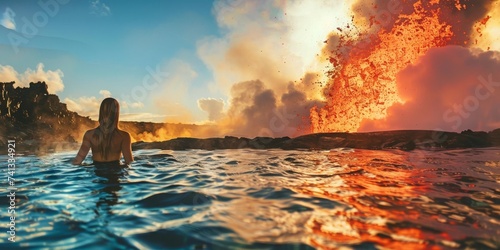 A Lone Woman Witnesses the Raw Power of a Volcanic Eruption from the Safety of a Geothermal Pool at Sunset, Generative AI