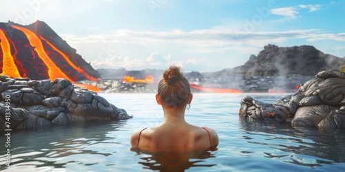 A Lone Woman Witnesses the Raw Power of a Volcanic Eruption from the Safety of a Geothermal Pool at Sunset  Generative AI