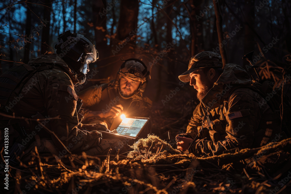 military special operation or soldiers in the forest at night