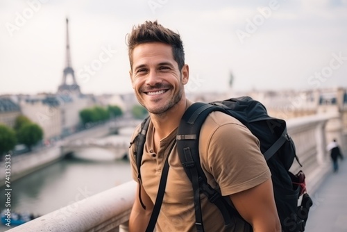 Portrait of a smiling young man with backpack standing in Paris, France