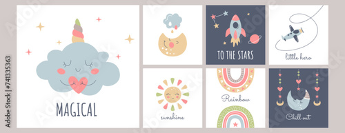 Cute boho baby posters in Scandinavian style. Bohemian sleep nursery cards with rainbow, cloud, stars, sun, moon, rocket and airplane. Vector print decor for kids bedroom. Children wall art collection