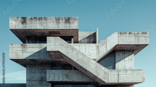 A concrete structure with bold geometric forms, showcasing raw materials and expressing a sense of power and solidity, Brutalist exterior design