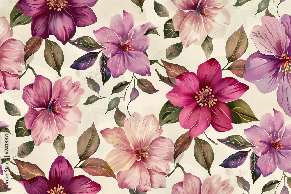 Fototapeta premium Floral Pink Seamless Pattern with Flowers