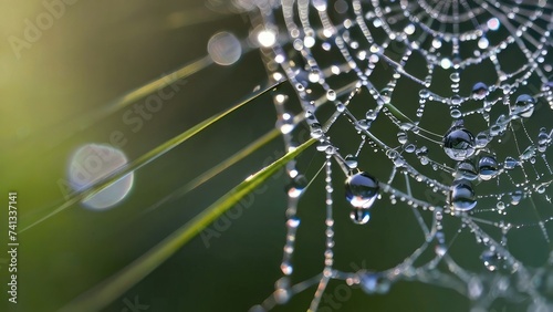 Mystical Morning Web: Spiderweb Draped in Dew Drops, a Captivating Display of Nature's Delicate Artistry