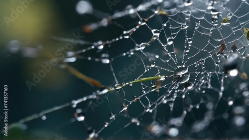 Misty Elegance: Spiderweb Embraced by Dew Drops, a Serene Portrait of Nature's Delicate Morning Ballet