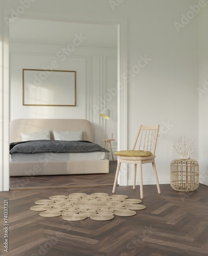 Mockup poster wood frame in empty picture living and bed room interior Horizontal wooden floor in illustration 3d rendering.