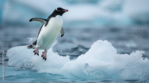 A penguin leaps into the water from an icy platform.