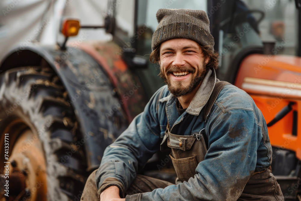 Portrait of a smiling farmer sitting next to a tractor in working clothes