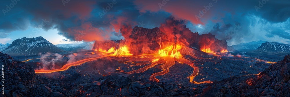 A Fiery Volcanic Landscape With Lava Flows, Background Image, Background For Banner, HD
