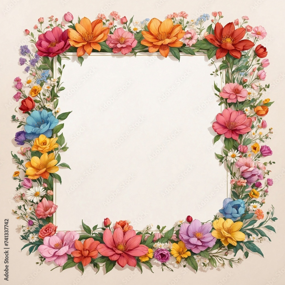 Frame with pink flowers and white blank center. AI Generated. Frame with pink flowers and white blank center. AI Generated.