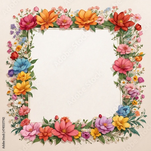 Frame with pink flowers and white blank center. AI Generated.