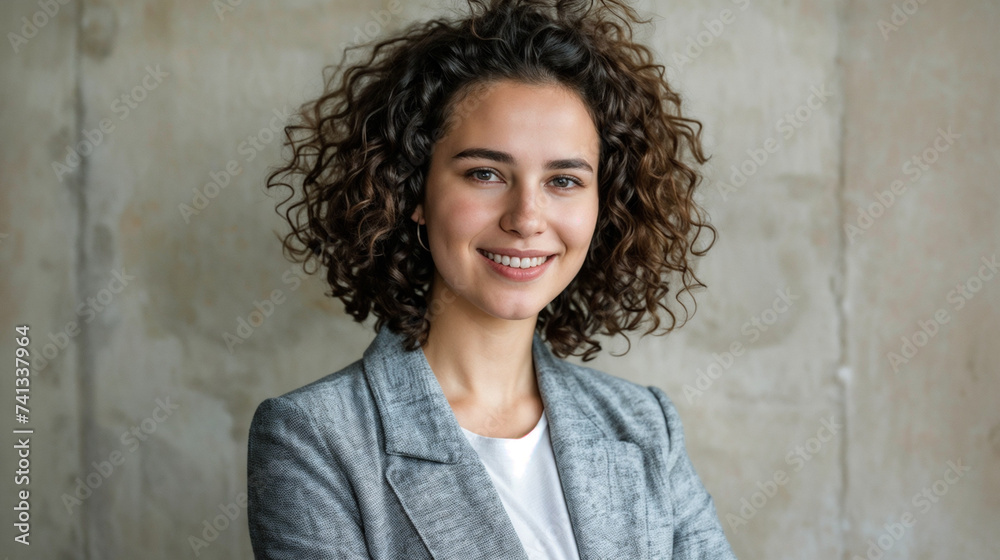 Young Woman with Curly Hair Smiling at Camera in Grey Blazer, Desaturated Background with a Group of People Engaging Each Other, Possibly Colleagues or Friends, Professional or Social Gathering Settin Young Woman with Curly Hair Smiling at Camera in Grey Blazer, Desaturated Background with a Group of People Engaging Each Other, Possibly Colleagues or Friends, Professional or Social Gathering Settin