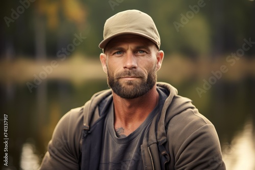Portrait of a bearded man in a cap on the background of a lake
